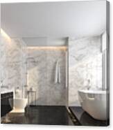 Luxury Bathroom With Black Marble Floor And White Marble Wall 3d Render Canvas Print