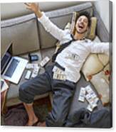 Man Bursting With Joy With Lots Of Money Canvas Print