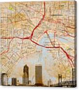 Map Of Downtown Jacksonville, Florida, And Skyline Blended On Old Paper Canvas Print