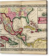 Map Of Mexico, Central America, And The West Indies, 1863 Canvas Print