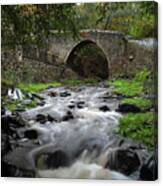 Medieval Stoned Bridge Water Flowing In The River. Canvas Print