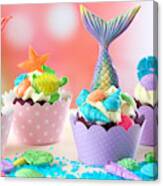 Mermaid Theme Cupcakes With Colorful Glitter Tails, Shells And Sea Creatures. Canvas Print