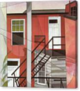 Modern Conveniences - Outer Staircase And Red Facade Canvas Print