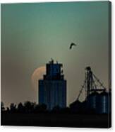 Moonrise And Birds At The Bennett Grain Elevator Canvas Print