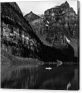 Moraine Lake Kayaker Black And White Canvas Print