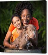 Mother And Son Bathing Dog Canvas Print