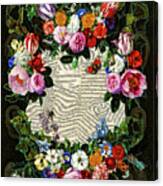 Musical Score In A Frame Of Bouquets Of Roses, Lilies, Bells With Butterflies, Insects, Grasshopper Canvas Print