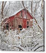 Nestled In For Winter - Old Abandoned Barn Amidst Trees In Snowstorm Canvas Print