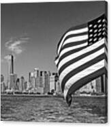 New York City Manhattan Skyline Ferry Flag Black And White Canvas Print