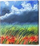 Oil Pastel Painting Of Cloudy Sky Over Flower Field Canvas Print
