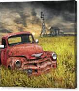 Old Vintage Red Chevy Pickup And Barn With Windmill Canvas Print