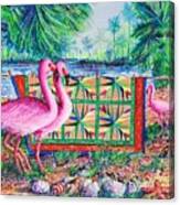 Palm Quilt Flamingos Canvas Print