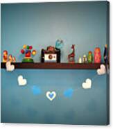 Paper Hearts Strung On Shelf Of Collectibles Canvas Print