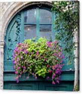 Paris - Teal Ornate Door With Fuschia Flowers Window Box Canvas Print
