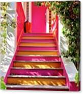 Pink And Orange Stairs Square Canvas Print