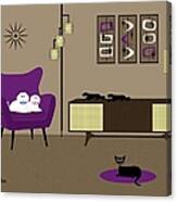 Pink And Purple Mid Century Room With White Dogs Black Cat Canvas Print
