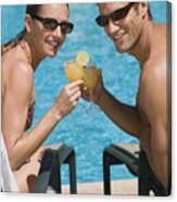 Poolside Couple With Cocktails Canvas Print