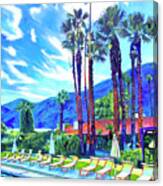 Poolside In Palm Springspalm Springs, Pool, Poolside, Blue, Yellow, Mountain, Storm, Palms, Desert, Canvas Print