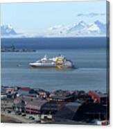 Port Area, Cruise Ship And Mountains - Svalbard, Norway Canvas Print