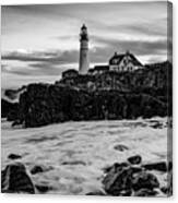 Portland Head Lighthouse With Crashing Waves - Black And White Canvas Print
