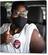 Portrait Of A Happy Woman In A Car With A 'get Vaccinated' Sticker - Wearing Face Mask Canvas Print