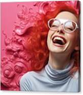 Premium Young Laughing Woman Against Pink Background Canvas Print