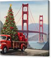 Red Christmas Truck Passing The Golden Gate Bridge - San Francisco Christmas Canvas Print