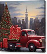 Red Christmas Truck Under The Lights Of New York City Canvas Print