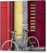 Red Door And Bicycle Canvas Print