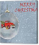 Red Pickup Truck And Christmas Tree And Dog2 Ornament Square Canvas Print