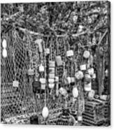Rockport Fishing Net And Buoys Bw Canvas Print