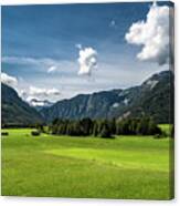 Rural Landscape With Houses In Front Of Mountain Dachstein In The Alps Of Austria Canvas Print