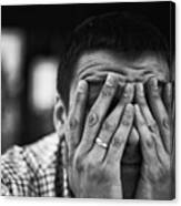 Sad And Depressed Young Man Covering Face - Feeling Depressed Background Concept - Marriage Failure Concept - Depressed Young Adult Portrait - Lonely Sad Widower - Black And White Monochrome Canvas Print