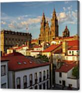 Santiago De Compostela Cathedral Spectacular View With Sun Light Hitting The Facade And Tiled Roofs La Corua Galicia Canvas Print