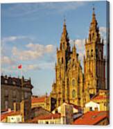 Santiago De Compostela Cathedral Towers Close Up With Sun Light Hitting The Facade And Tiled Roofs La Corua Galicia Canvas Print