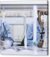 Scientists Working In Laboratory With Microscopes Canvas Print