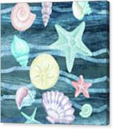Sea Stars And Shells On Blue Waves Watercolor Beach Art Collection I Canvas Print