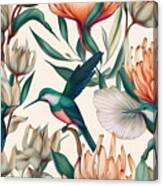 Seamless Pattern With Hummingbirds, Protea And Tropical Flowers. Canvas Print