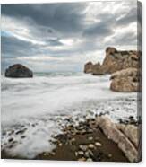 Seascape With Windy Waves Splashing At The Rocky Coastal Area. Canvas Print