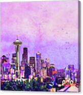 Seattle City Skyline At Dawn Watercolor Painting Canvas Print