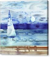 Sky Blue Aqua Sailboat At The Ocean Shore Seascape Painting Beach House Watercolor Canvas Print
