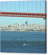 Small Boat And San Francisco Skyline Under The Golden Gate Bridge Canvas Print