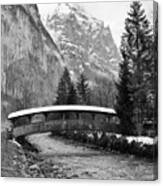 Snow Covered Footbridge In Jungfrau Village Of Lauterbrunnen Switzerland Black And White Canvas Print
