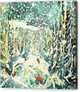 Snowboards Snowing In The Woods Print And Poster Canvas Print