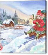 Snowman And Two Girls Sledding Winter Watercolor Canvas Print