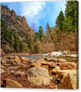 Rocky Riverbank With Pine Trees,south Boulder Creek Canvas Print