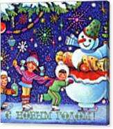 Soviet Kids On Ice With Snowman Canvas Print