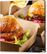 Street Food. Meat Cutlet Burgers Are In Paper Boxes. Food Delivery. Canvas Print