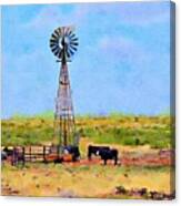 Texas Landscape Windmill And Cattle Canvas Print