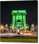 The Chain Bridge In Budapest Illuminated In Kelly Green For St. Patrick's Day. Canvas Print